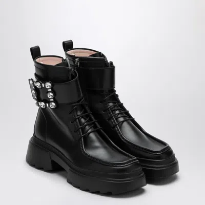 Roger Vivier Leather Lace-up Booties With Jeweled Buckle In Black