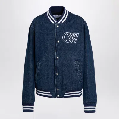 Off-white Embroidered Logo Denim Bomber Jacket In Blue