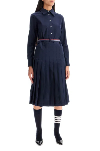 Shop Thom Browne Midi Shirt Dress With Belt In Blue