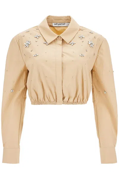 Shop Self-portrait Self Portrait 'cropped Shirt With Crystals' In Beige