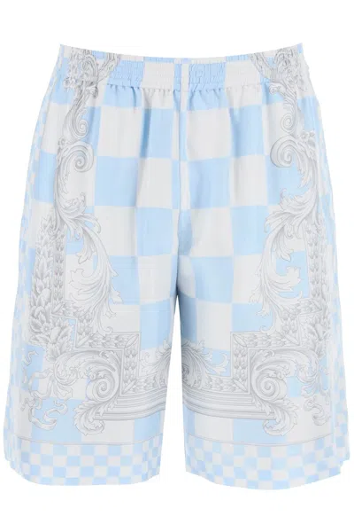 Shop Versace Printed Silk Bermuda Shorts Set In 白色的