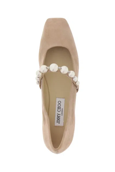 Shop Jimmy Choo Suede Leather Ballerina Flats With Pearl In 中性