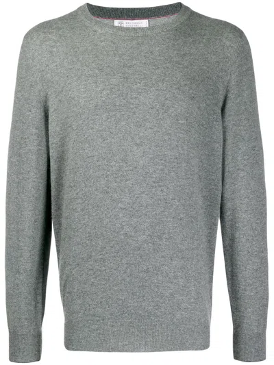 Brunello Cucinelli Round Neck Jumper In Comfortable Cotton Blend In Grey