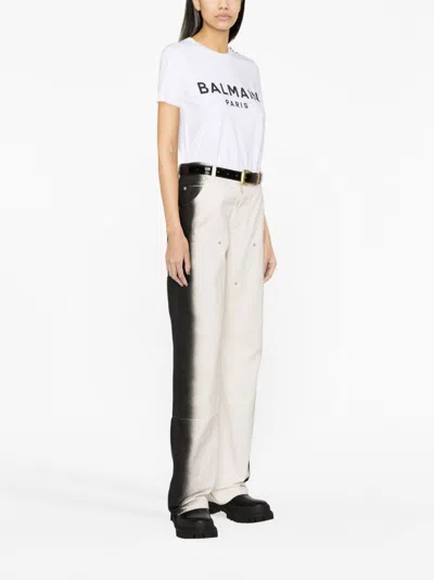 Balmain White Crewneck T-shirt With Logo Print And Golden Buttons In Jersey Woman In White