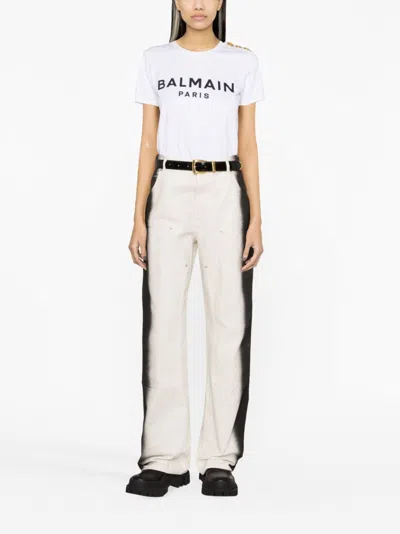 Balmain White Crewneck T-shirt With Logo Print And Golden Buttons In Jersey Woman In White