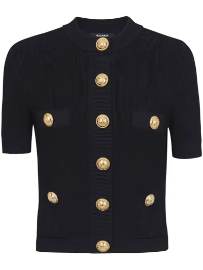 Shop Balmain Buttoned Cropped Cardigan In Black