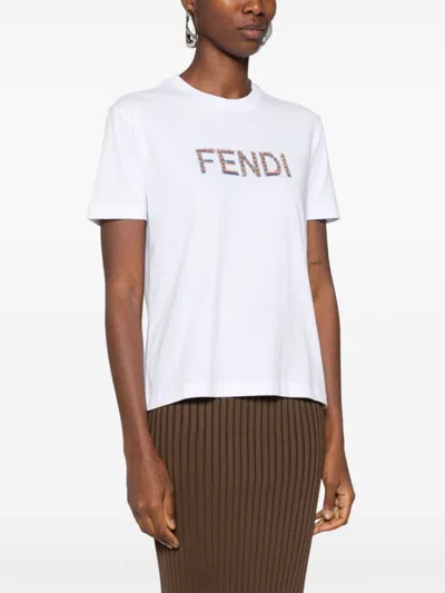 Shop Fendi Embroidered Logo Cotton T Shirt In White