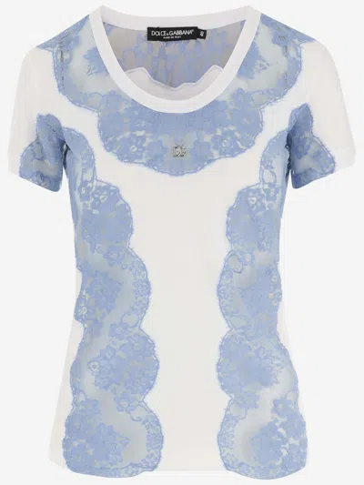 Dolce & Gabbana Jersey T-shirt With Lace Inserts And Dg Logo In White