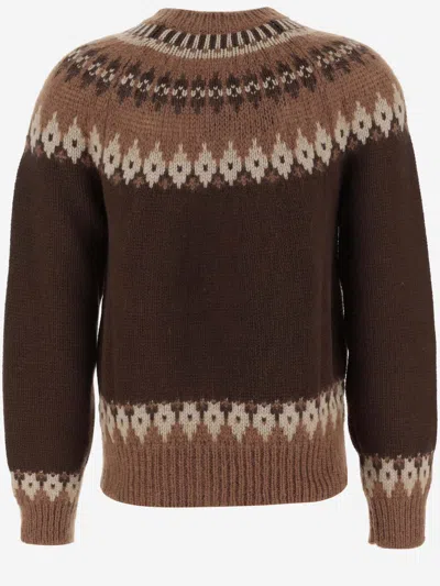 Dsquared2 Brown Crewneck Sweater With Intarsio Motif In Wool Blend Man In Red