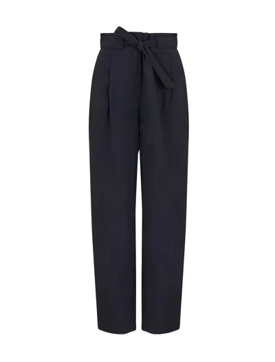 Emporio Armani Sablé Stretch Fabric Trousers With Pleats In Blue