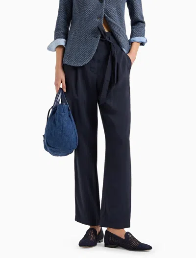 Emporio Armani Sablé Stretch Fabric Trousers With Pleats In Blue