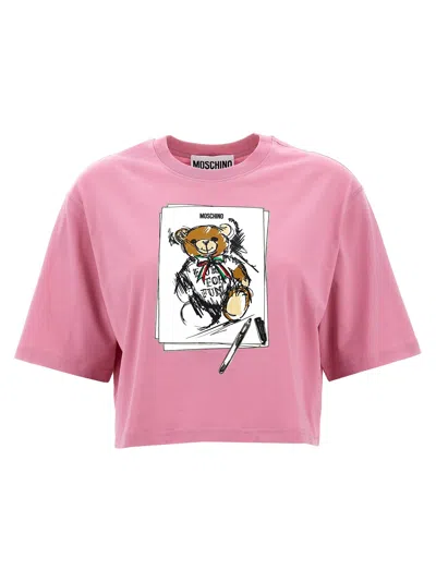 Shop Moschino Printed Cropped T Shirt In Pink