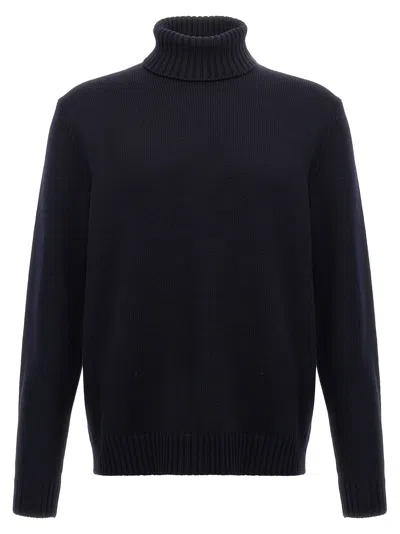 Zanone Turtleneck Wool Sweater With Turn-up Collar And Cuffed Sleeves In Blue