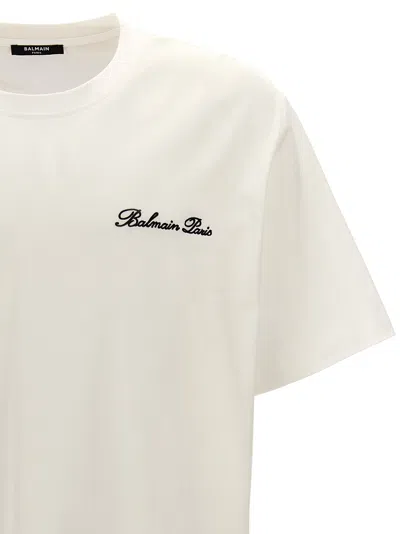 Balmain White Crewneck T-shirt With Logo Lettering Embroidery In White/black