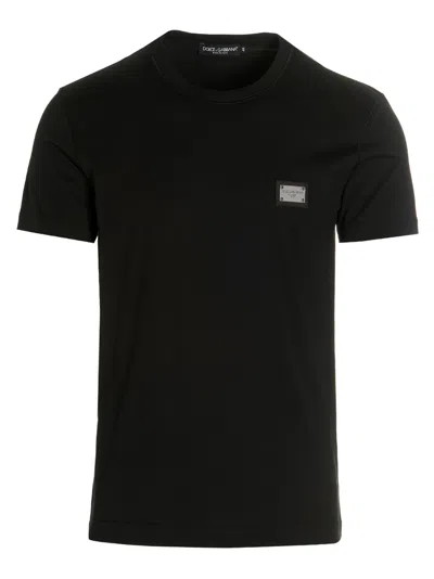 Dolce & Gabbana Black T-shirt With Logo Tag Detail On The Front In Cotton Man In Black