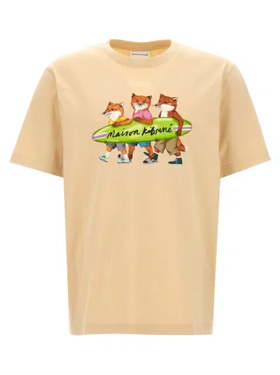 Shop Maison Kitsuné Maison Kitsune 'surfing Foxes' T Shirt In Beige