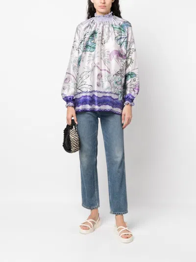 F.r.s . High Neck Printed Silk Blouse In Lilac
