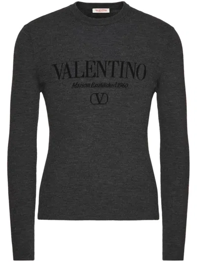 Shop Valentino Logo Wool Crewneck Sweater In Grey