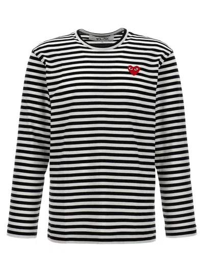 Comme Des Garçons Play Heart-patch Striped Cotton T-shirt In White/black