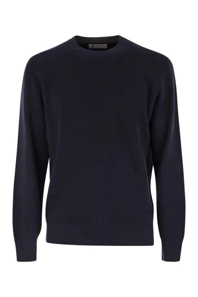 Shop Brunello Cucinelli Cotton Rib Sweater With Raglan Sleeve In Navy