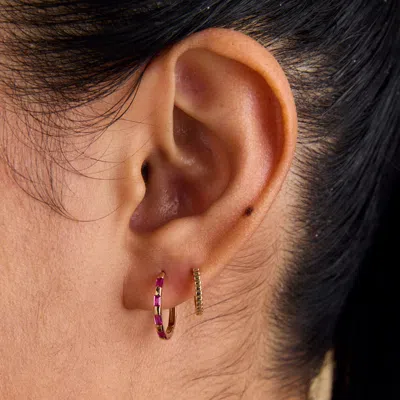Astrid &amp; Miyu Pink Sapphire Baguette Hoops In Solid Gold