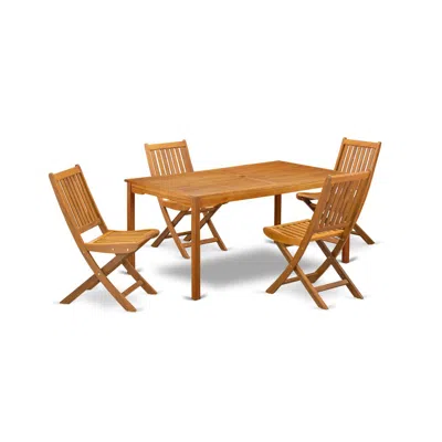 East West Furniture Cmdk5cwna 5-pc Outdoor Coffee Table Set- 4 Outdoor Folding Chairs Slatted Back And Modern Coffee Tab