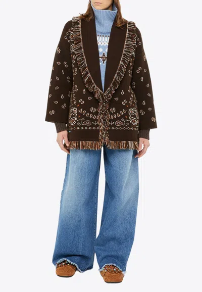 Shop Alanui Bandana Fringed Cashmere Cardigan In Brown