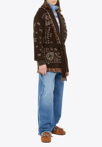 Shop Alanui Bandana Fringed Cashmere Cardigan In Brown