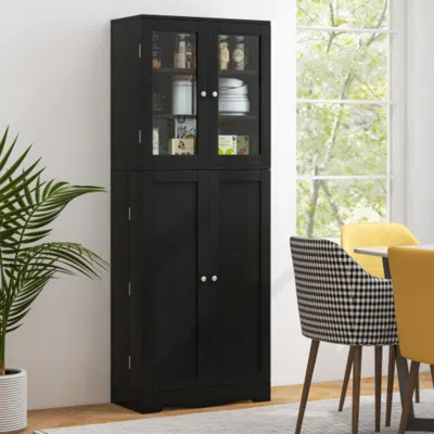 Hivvago Tall Kitchen Pantry Cabinet With Dual Tempered Glass Doors And Shelves-black