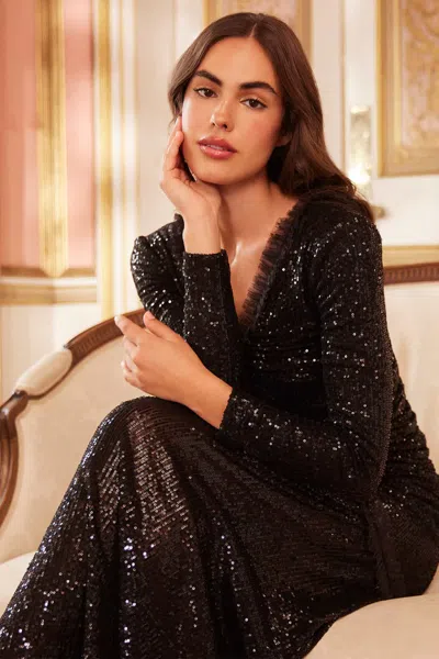 Needle & Thread Starlight Long Sleeve Gown In Black