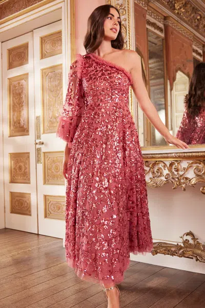 Needle & Thread Falling Leaves One-shoulder Ankle Gown In Pink