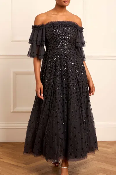 Needle & Thread Autumn Leaves Off-shoulder Sequined Gown In Black