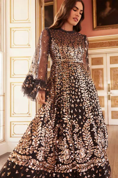 Needle & Thread Womens Graphite Caramel Fern Sequin-embellishment Recycled-polyester Maxi Dress In Black