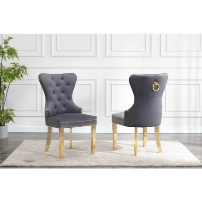 Best Quality Furniture Velvet Tufted Side Chair Set Of 2, Stainless Steel Gold Legs, Dark Grey