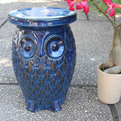 International Caravan Navy Blue Wise Old Owl Ceramic Garden Stool