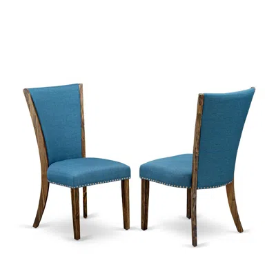 East West Furniture - Set Of 2 - Upholstered Chair- Dining Chair Includes Distressed Jacobean Wood Frame With Blue Linen
