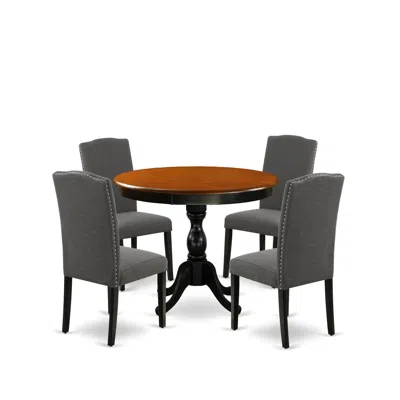 East West Furniture 5-pc Round Kitchen Table Set Contains A Wood Kitchen Table And 4 Dark Gotham Grey Linen Fabric Kitch