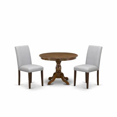 East West Furniture Hbab3-awa-05 3 Piece Dining Room Table Set - Acacia Walnut Round Dining Table And 2 Grey Linen Fabri
