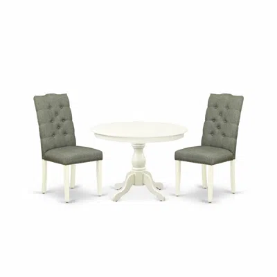 East West Furniture Hbel3-lwh-07 3 Piece Dining Room Set - Linen White Wood Dining Table And 2 Smoke Linen Fabric Mid Ce