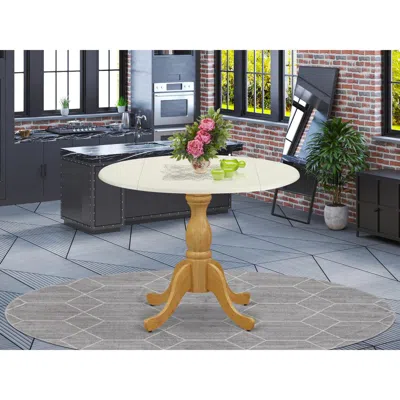 East West Furniture Wood Dining Table With Drop Leaves - Linen White Table Top And Oak Pedestal Leg Finish