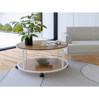East West Furniture Harley Round Coffee Table For Living Room, Mid Century Modern Coffee Table In Powder Coating White C