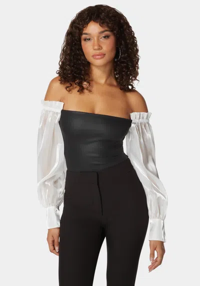 Bebe Liquid Chiffon Sleeve Coated Knit Bodysuit In Black,white Alyssum