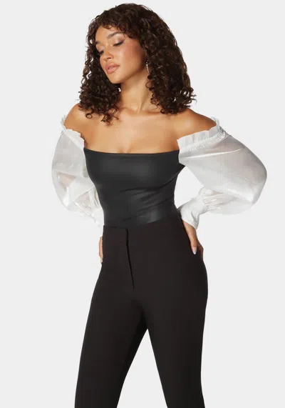Bebe Liquid Chiffon Sleeve Coated Knit Bodysuit In Black,white Alyssum