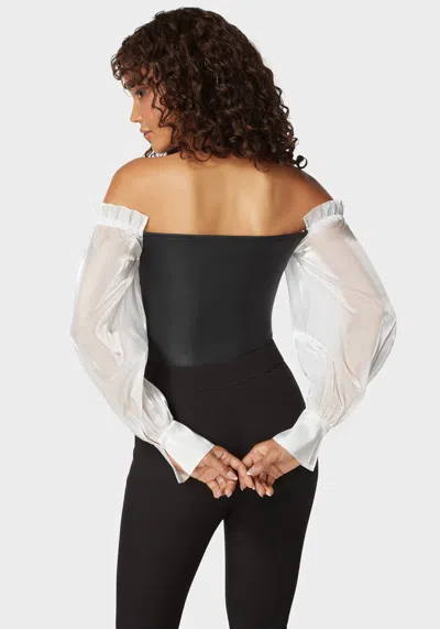 Bebe Liquid Chiffon Sleeve Coated Knit Bodysuit In Black,white Alyssum