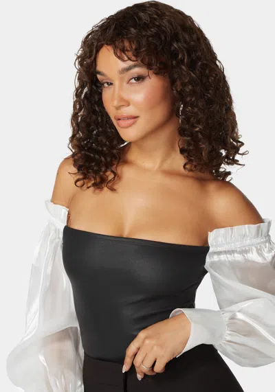 Bebe Liquid Chiffon Sleeve Coated Knit Bodysuit In Black,white Alyssum