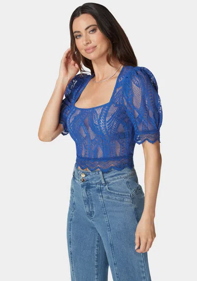 Shop Bebe Scallop Hem Lace Trapeze Neck Top In Galactic Cobalt