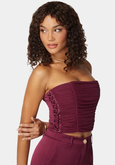 Bebe Rushed Mesh Combo Satin Corset In Purple Potion