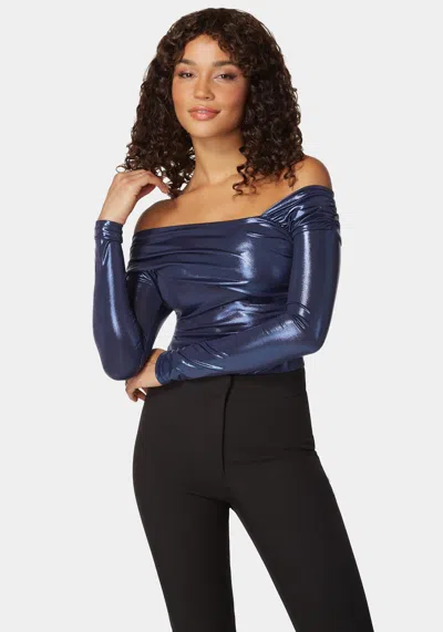 Bebe Asymmetric Draped Knit Top In Navy