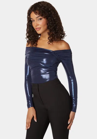 Shop Bebe Asymmetric Draped Knit Top In Navy