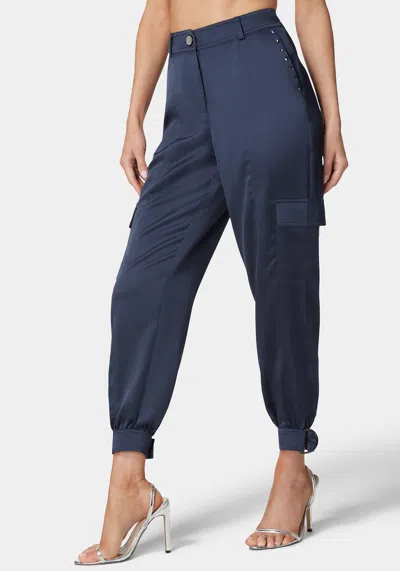 Bebe Natural Waist Stud Detail Satin Jogger Pant In Navy